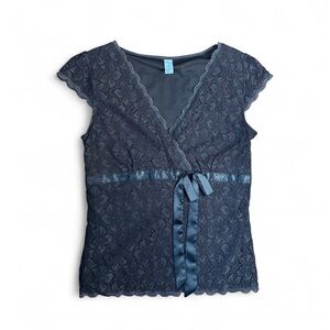 Y2K Chocolate Brown Merona Lace Trim Women’s Top with Ribbon Bow Detail